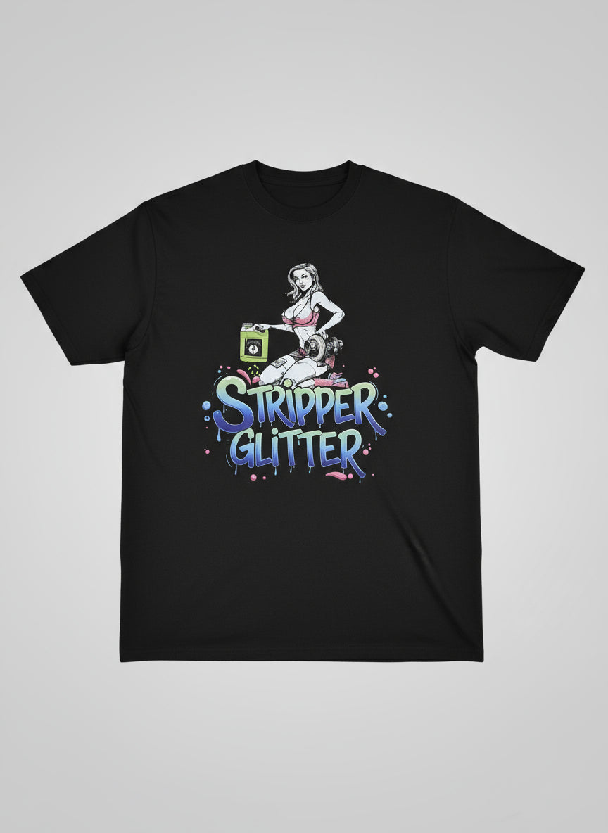 Black hoodie with 'Stripper Glitter' graphic design featuring a woman holding a bottle of Stripper Glitter and a Turbo
