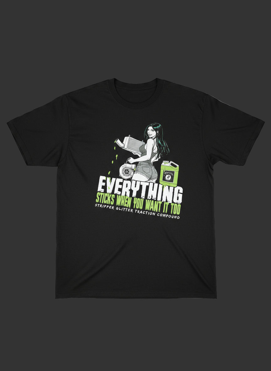 Black t-shirt with graphic design and text on a textured surface
