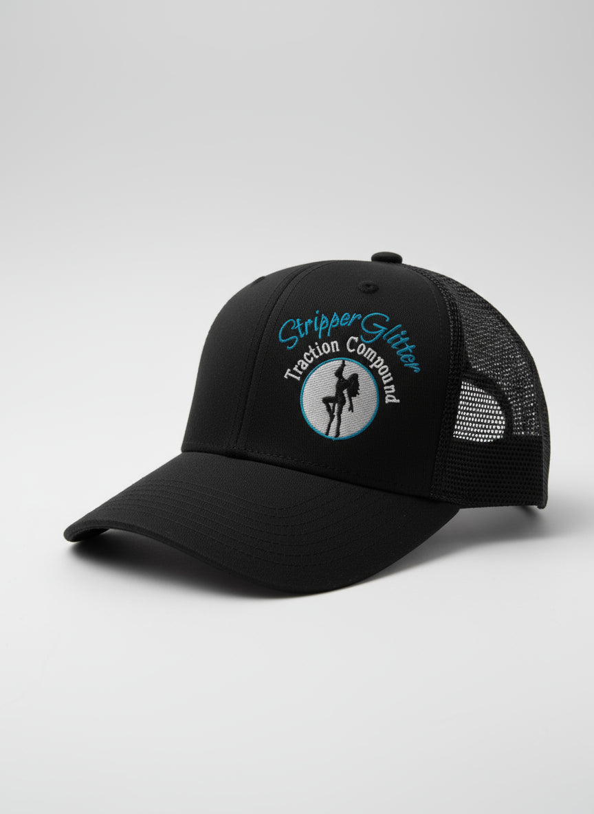 A black snapback mesh hat with a curved bill, featuring text and a logo on the front.