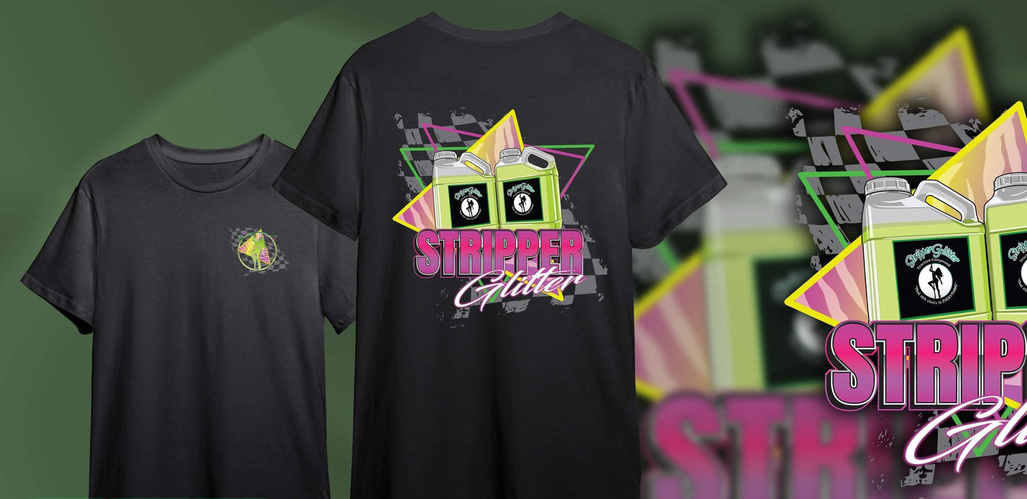Promotional image for SG Retro T-Shirt featuring two black t-shirts with colorful graphics, including the logo and text related to the brand ' Stripper Glitter'.