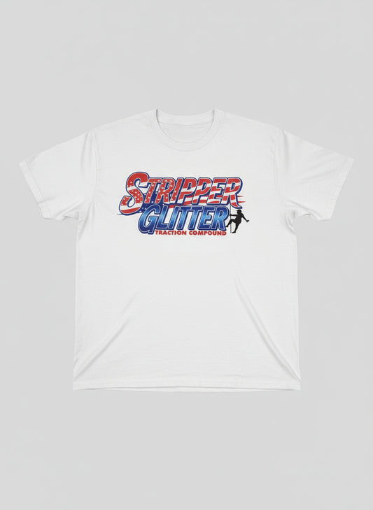 White t-shirt with 'Stripped Glitter Traction Compound' graphic design on a white background